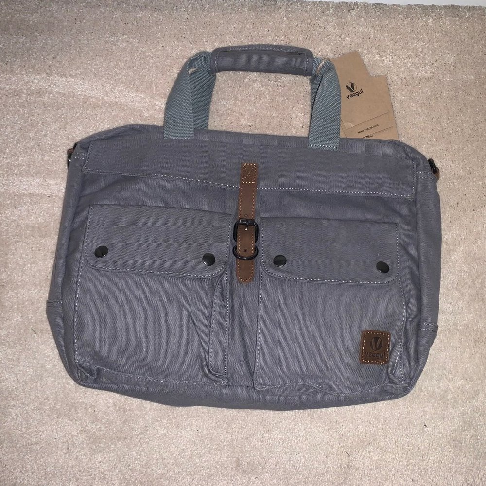 VEEGUL 17 INCH MULTIFUNCTIONAL CANVAS LAPTOP MESSENGER SHOULDER BAG - GREY